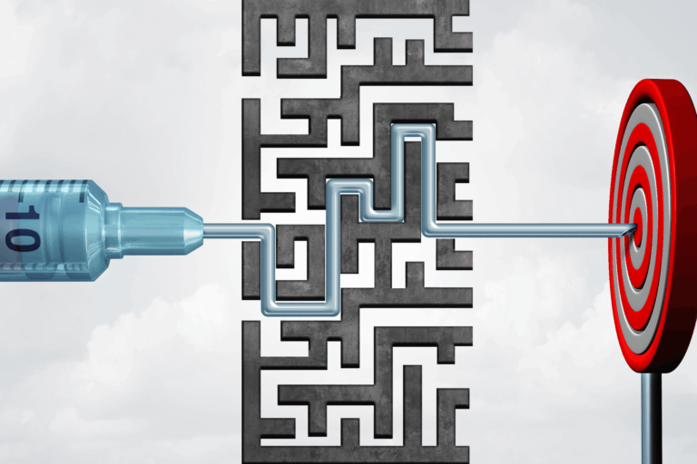 60bd0d0fd506a21de998aabe_ShotTarget-min A syringe navigates through a maze, reaching a target, symbolizing finding a medical solution.