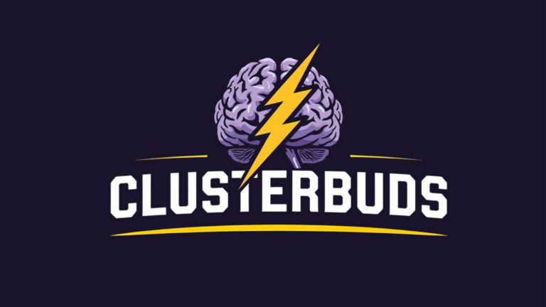clusterbuds-discord A stylized brain with a lightning bolt and the word "Clusterbuds" on a dark background.