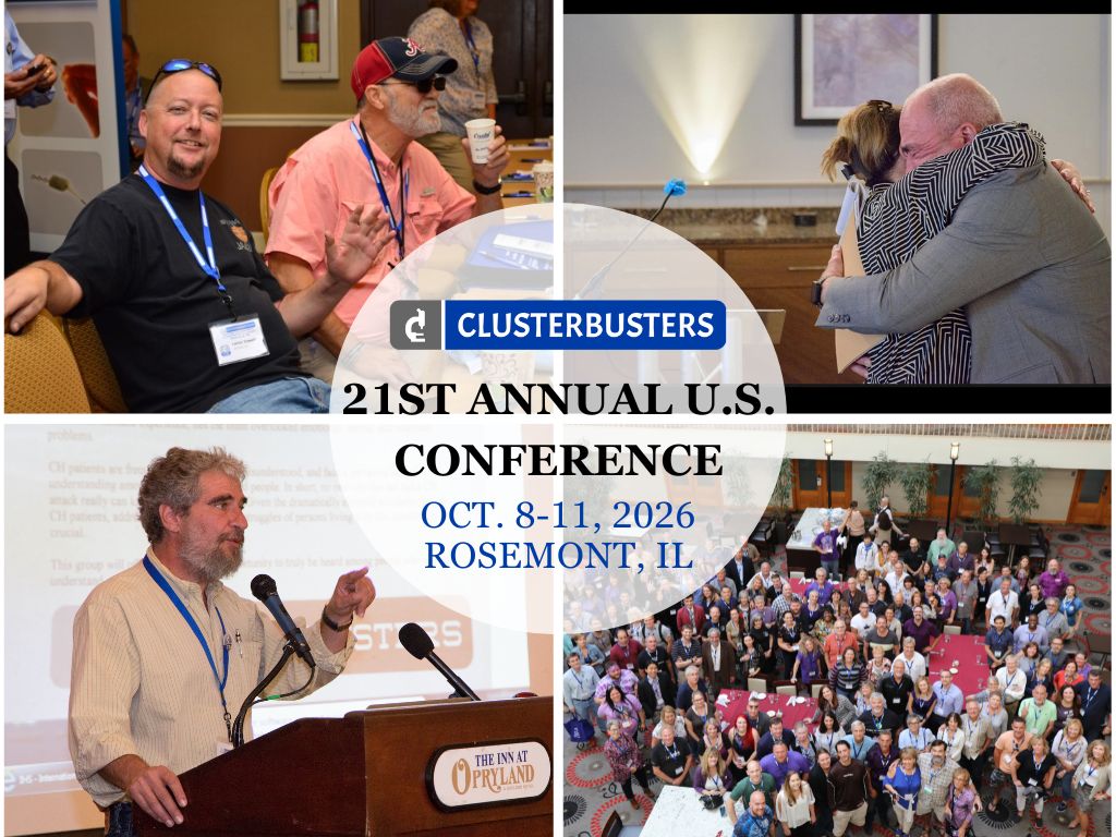 Images from the 21st annual Clusterbusters conference in Rosemont, IL, happening Oct. 8-11, 2026. People are gathered and interacting.